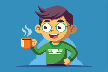 A cheerful cartoon figure holds a steaming coffee mug, showcasing a bright and playful design, Customizable cartoon illustration of coffee drinking