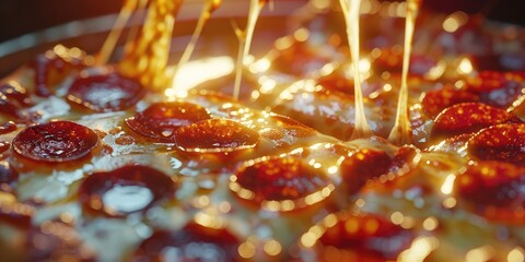Close-up of a lifelike cheese stretch as a slice of pizza is lifted, revealing glistening pepperoni cups and a crispy, thin crust giving way to the stretchy, melted cheese.