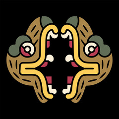 Symmetrical ethnic design with two heads of fantastic animal with open jaw. Ethnic design of Aztec Indians from Mexican codex. On black background.