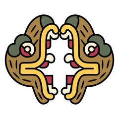 Symmetrical ethnic design with two heads of fantastic animal with open jaw. Ethnic design of Aztec Indians from Mexican codex. Isolated vector illustration.