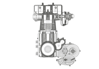 Motorcycle engine on white background.
