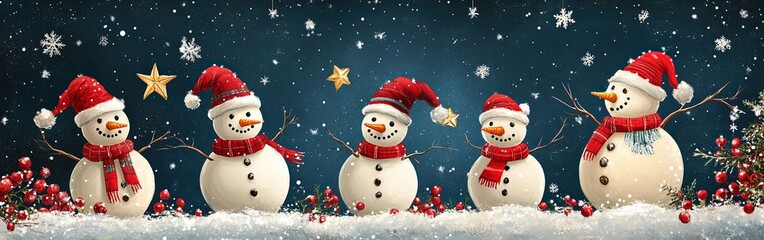 Fototapeta premium Cheerful Christmas Design with Snowmen and Festive Decorations
