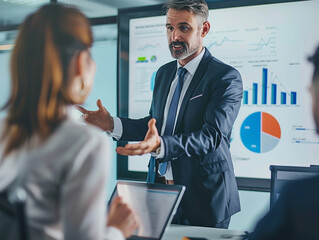Businessman presenting to focused team during meeting with slides