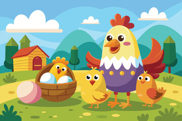 Fototapeta premium A cheerful chicken family stands in a colorful countryside, surrounded by eggs and playful chicks, Customizable cartoon illustration of eggs and chickens.