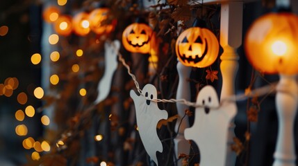Outdoor Halloween decorations featuring ghost and pumpkin lanterns hanging from a fence, illuminated by warm lights, creating a welcoming yet eerie ambiance. Halloween, spooky, haunted concept.