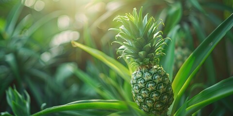 Fototapeta premium Immature green pineapple growing on a plant in the garden.