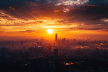 Cityscape with a Towering Building Silhouetted Against a Dramatic Orange Sunset
