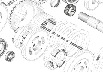 Gear wheels, clutch discs and other parts on a white background.