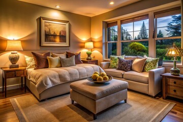 Fototapeta premium Softly glowing lamps and plush throw pillows envelop the cozy sitting area, where a plush couch beckons with