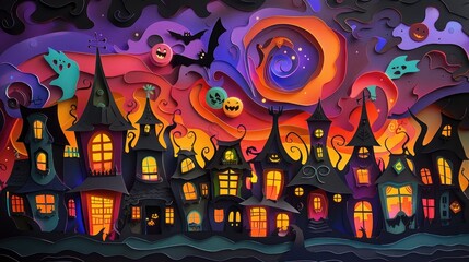 Atmospheric depicting a haunted village with glowing haunted houses silhouettes against a dark spooky night sky filled with bats crescent moon and swirling clouds  Highlighted by pumpkins