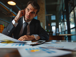 Focused businessman analyzing financial statements while on call