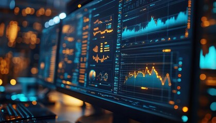 Obraz premium Data science analysis on a computer with complex graphs, analytical style, close-up, sharp focus, bright lighting