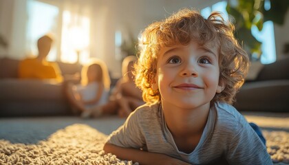 Family time with children playing in a living room, joyful atmosphere, wide shot, sharp focus, warm lighting