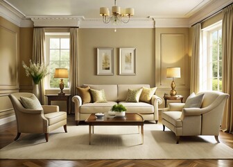 Softly golden beige tone, subtly nuanced with warmth, evokes a sense of refined sophistication, exuding an effortless