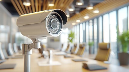 A hyper-realistic view of a security camera monitoring an office building, showcasing a clean and professional exterior. This depiction focuses on the surveillance setup, with bright lighting