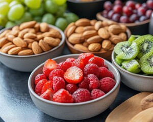 Healthy snacks preparation with fruits and nuts in a kitchen, fresh style, close-up, sharp focus, vibrant colors