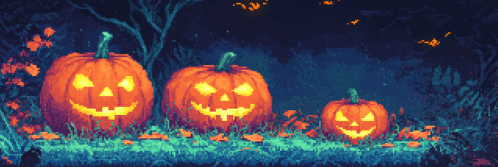 Halloween pixel art featuring glowing jack-o'-lanterns, dark night background