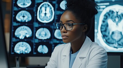 Photo of confident female doctor, neurologist, neurosurgeon looking at TV screen with MRI scan with brain image.