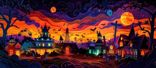 Vibrant and Mystic Carnival Landscape with Colorful Fantasy Architecture Amusement Park and Whimsical Elements under a Starry Night Sky  This surreal