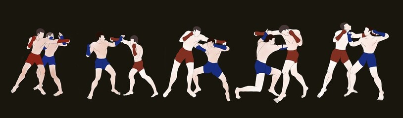 Set of  Muay Thai Boran moves Design.Perfect for t shirt design. A dynamic illustration of two Muay Thai Boran fighters