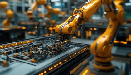 Robotics engineering in progress with robotic arms assembling parts, futuristic environment, sharp focus, high detail