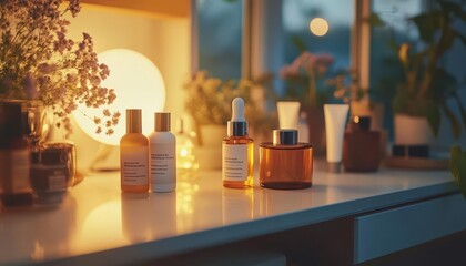 Self-care routine at home with skincare products on a vanity, relaxing atmosphere, close-up, soft lighting, sharp focus