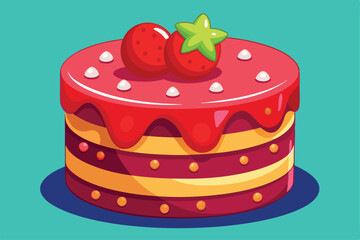 A colorful cartoon depiction of a red velvet cake adorned with strawberries and icing, Customizable cartoon illustration of red velvet cake.