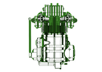 Green motorcycle engine on white background.