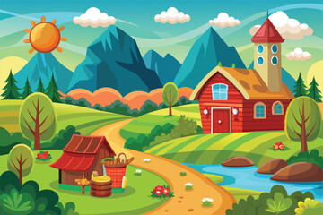Naklejka premium A cheerful countryside setting features a red farmhouse, mountains, and a winding path under a sunny sky, Customizable cartoon illustration of the countryside.