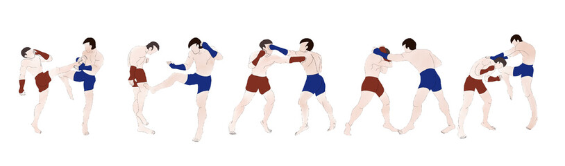 Set of  Muay Thai Boran moves Design.Perfect for t shirt design. A dynamic illustration of two Muay Thai Boran fighters