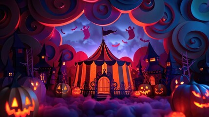 Spooky and Enchanting Halloween Carnival Scene with Glowing Jack o Lanterns Illuminated Circus Tent and Mysterious Atmosphere  Captivating Digital Evoking a Sense of Fantasy and the Supernatural