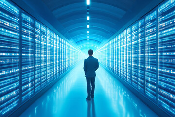 Fototapeta premium A person walks through a high-tech data center illuminated by blue lights in an advanced facility
