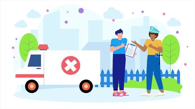 a paramedic discussing a situation with a police officer next to an ambulance illustration animated video