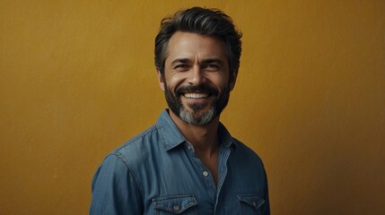 Fototapeta premium A confident, handsome man in a black shirt poses seriously in a studio, showcasing a cool and casual business lifestyle