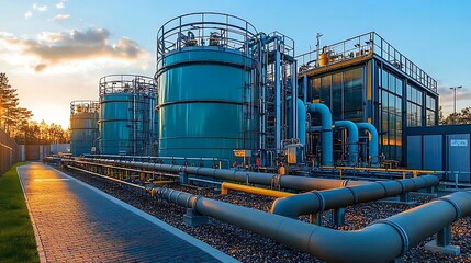 Obraz premium Processing Tanks: Large, cylindrical biogas digesters made of metal, with pipes connected to them, showing the fermentation process of organic waste. 