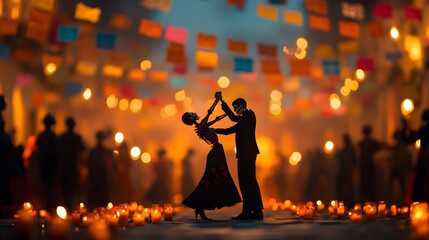 Fototapeta premium A pair of skeletons dance joyfully, surrounded by glowing candles and festive colors. The background appears hazy with lively energy, evoking celebration.. Day of The Dead Concept