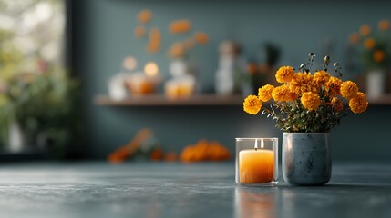 A serene arrangement of bright marigold flowers in a gray pot beside a softly glowing candle. The background hints at warm, inviting tones, fostering a calm atmosphere.. Day of The Dead Concept