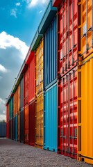 Fototapeta premium A colorful arrangement of shipping containers stacked in a row under a blue sky.