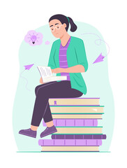 Woman Sitting on Stack of Books and Thinking Creative Idea while Reading a Book for Education Concept Illustration