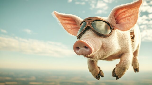 Cute pig wearing aviator goggles flying through sky