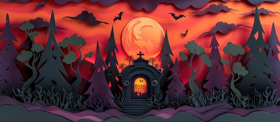 Haunting autumnal landscape with a foreboding castle silhouetted against an ominous crimson sky surrounded by a dark eerie forest and swarming bats creating an atmosphere of mystery horror