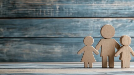 Wooden cut-out figures of family against wooden backdrop