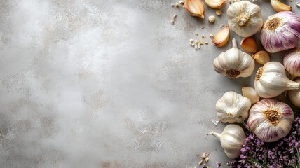 Obraz premium Fresh garlic bulbs and cloves on textured surface