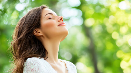 Relaxed woman enjoying fresh air outdoors with eyes closed in nature