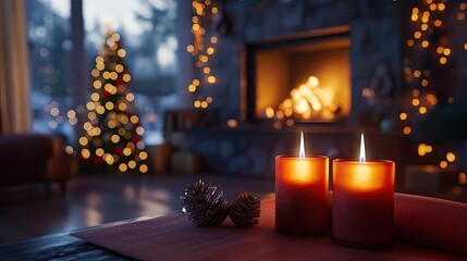 Warm and cozy living room with glowing candles, festive tree, and a crackling fireplace, perfect for holiday ambiance.