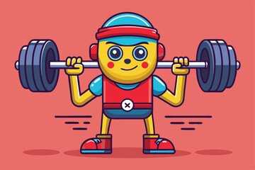 A colorful cartoon character smiles while lifting a barbell, showcasing strength and fitness indoors, Customizable cartoon illustration with weights.