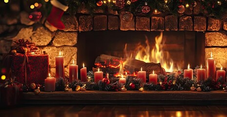 Obraz premium A cozy fireplace decorated for Christmas, filled with candles, stockings, and festive gifts, creating a warm holiday atmosphere.