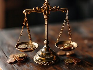 A vintage balance scale with coins, symbolizing justice and financial evaluation.