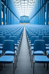 Fototapeta premium A spacious hall filled with neatly arranged blue chairs, suggesting an event or gathering.