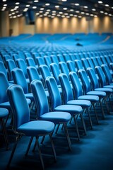 A spacious conference hall filled with rows of blue chairs, ready for an event or gathering.